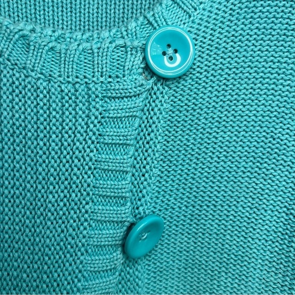 JNY Open Front Buttons Cable Knit Cardigan Teal Sz M Cotton Cottagecore Pocket - Picture 7 of 15